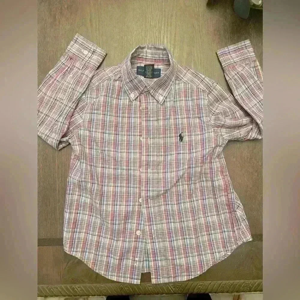 RALPH LAUREN pink striped button OXFORD preppy dress shirt 4/4T Blue Fall